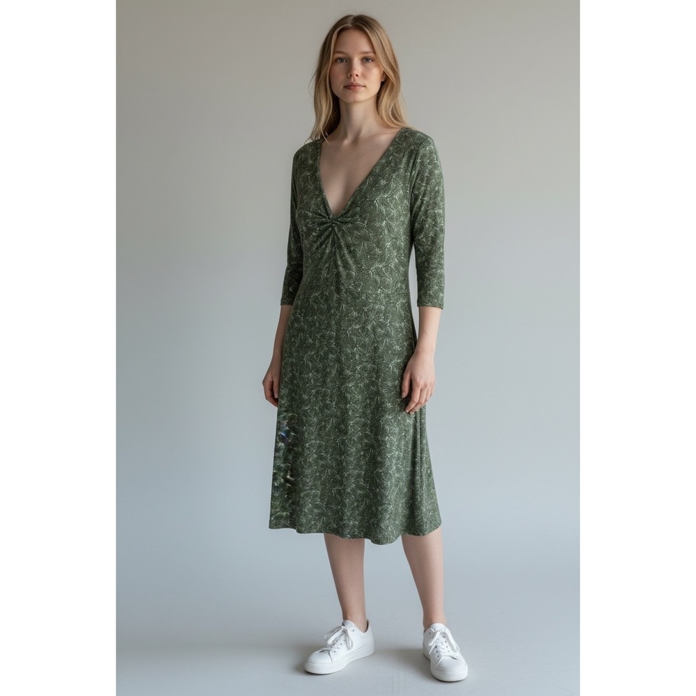 Toad&Co Green Patterned V-Neck Knot Front Midi Dress Organic Cotton Tencel Sz L
